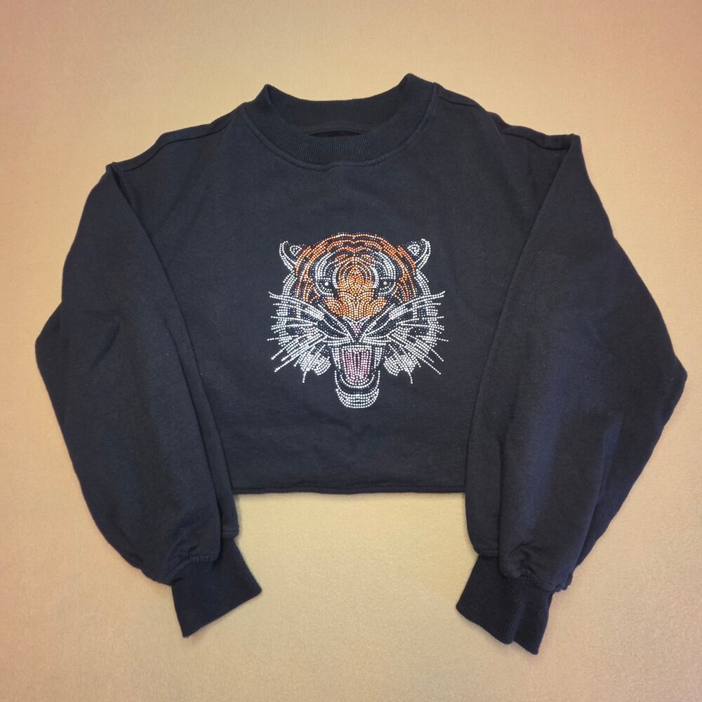 Beach Riot Tiger Face Rhinestone Cropped Sweater Black Sz XS